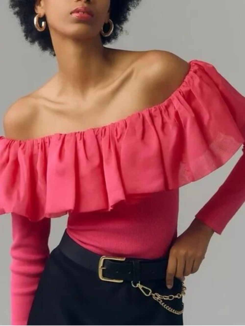 Anthropologie Pink Off-Shoulder Ruffle Long-Sleeve Top